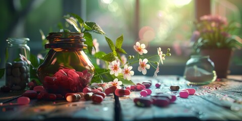 Medicines in glass bottles on a table with beautiful flowers.