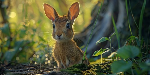 cute wild rabbit Amidst the lush green trees Blend with the embrace of nature.