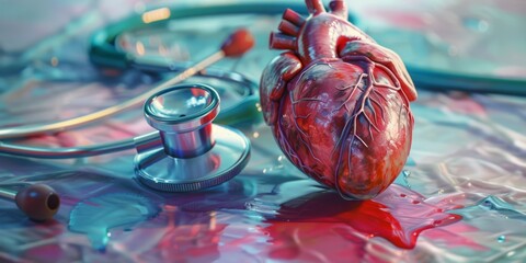 A stethoscope and a simulated heart sit on a table painted in pastel colors.