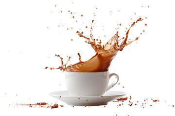 Coffee splashed out of the cup and floated in the air.
isolated on white background