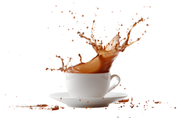 Coffee splashed out of the cup and floated in the air.
isolated on white background