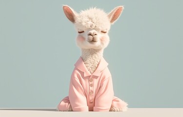 Naklejka premium alpaca sitting in yoga pose, wearing pastel pink pyjamas on plain light blue background, high resolution photography --ar 47:30 --stylize 750 --niji 6 Job ID: 1b42fe30-2d89-4ac4-b46b-d283a255c952