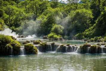 A tranquil scene unfolds as steam rises from the bubbling natural hot spring pool, surrounded by lush vegetation and echoing with the soothing sound of running water.. AI generated.