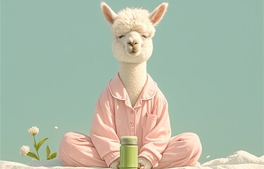 Fototapeta premium alpaca sitting in yoga pose, wearing pastel pink pyjamas on plain light blue background