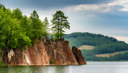 green trees on brown rock formation on lake during daytime. Generative AI. - Powered by Adobe