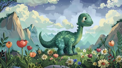 A green dinosaur stands in a field of flowers. There are mountains in the background. The dinosaur is smiling and looks happy.