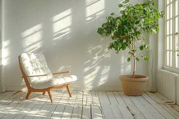 Sunlit room with a comfortable mid-century modern chair and a large indoor plant providing a...