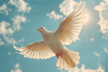 Majestic white dove captured mid-flight with its wings spread wide, soaring through the blue sky dotted with fluffy clouds - Powered by Adobe