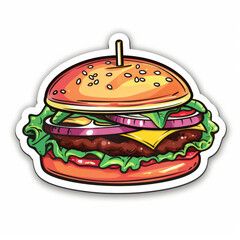 Sticker, graphic and illustration cartoon of hamburger with comic patty, salad and cheese on bun. Emoji, icon and fast food for logo, animation or creative emblem isolated by white background.