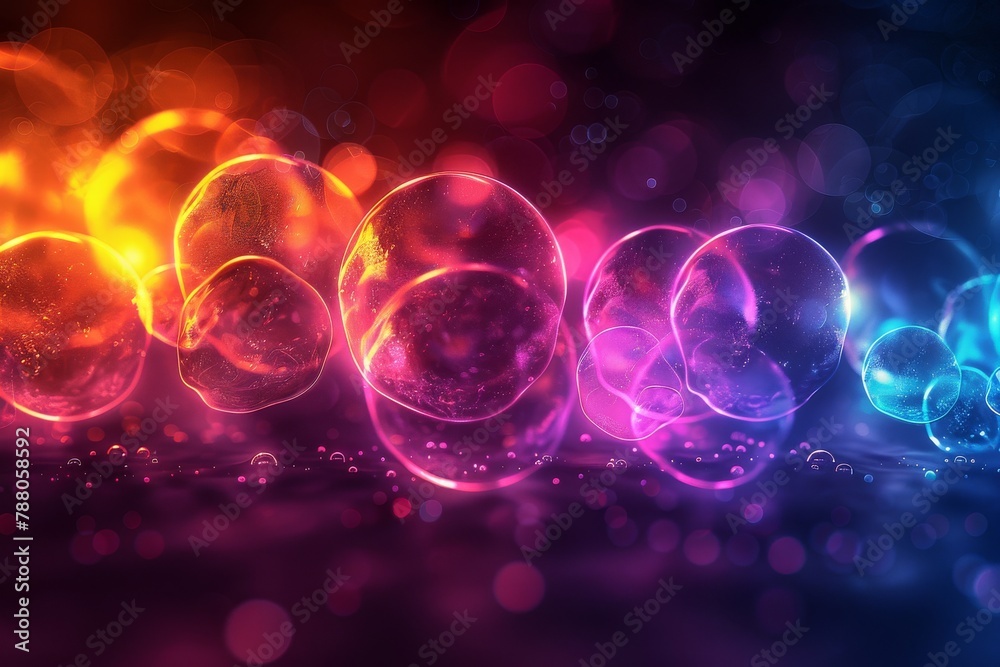 Poster visually striking image of multiple transparent spheres illuminated with vibrant colors, symbolizing