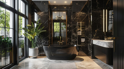bathroom of a black luxury townhouse in London between classic townhouses
