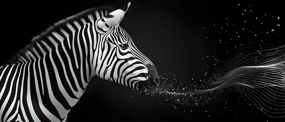 Obraz premium Zebra Whispers in Stardust Waves: A Monochrome Harmony. Concept Wildlife Photography, Monochrome Aesthetics, Nature Portraits, Animal Whisperer, Nature's Beauty