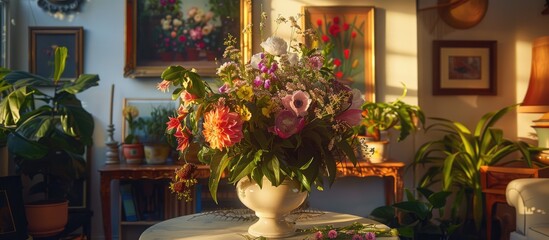 Fresh flowers are arranged in a white vase on a small table in a well-lit room with paintings, potted plants, and candles on shelves in the background.