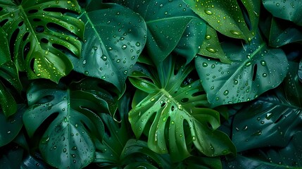 Green Monstera Leaves with Raindrops: Nature's Wallpaper - obrazy, fototapety, plakaty