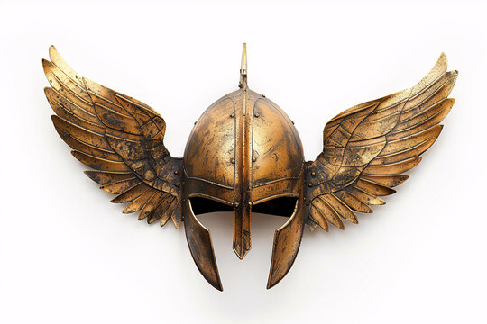 Golden Valkyrie helmet with wings on white bakcground