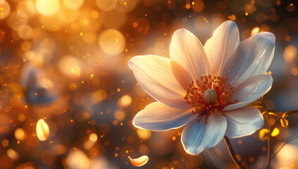 A white flower blooming in the sunlight, surrounded by golden sparkles. The background is blurred with warm tones of orange and yellow, creating an atmosphere of joyous celebration. Created with Ai
