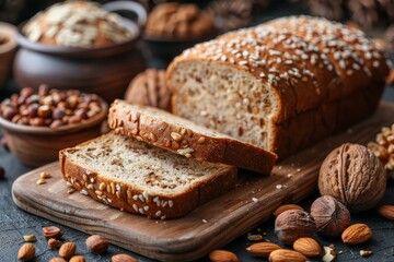 Freshly baked multigrain bread with various seeds and nuts on top, sliced for serving Healthy, artisanal and rustic - Powered by Adobe
