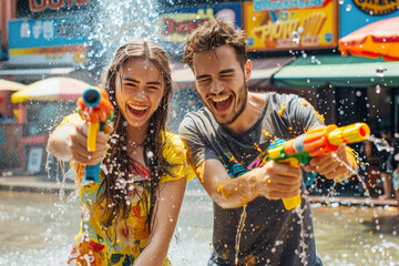 Happy traveler european man and woman wearing summer shirt holding colourful squirt water gun over blur city, Water festival holiday concept