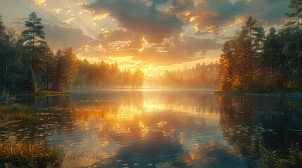 Fototapeta na wymiar A serene sunrise over the calm waters of an ancient forest lake, with mist rising from its surface and rays reflecting on surrounding trees. Created with Ai