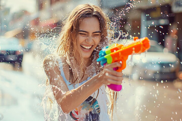 Happy traveler european woman wearing summer shirt holding colourful squirt water gun over blur sea, Water festival holiday concept