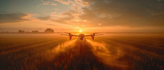 Sustainable Farming: Drone Over Fields at Sunrise. Concept Sustainable Agriculture, Drones in Farming, Sunrise Photography, Agriculture Innovation