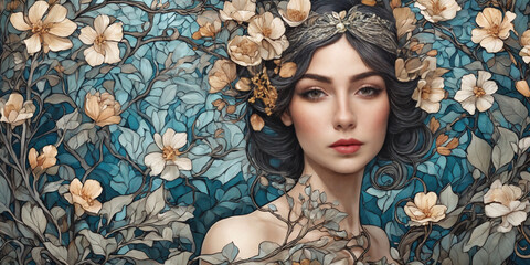 Art Nouveau styled woman with long hair with light blue and yellow color leaves and flowers. Painting and Drawings.