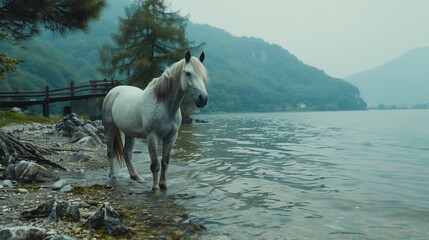 Fototapeta premium A white horse by a misty blue lake, surrounded by mountains and greenery, creating a peaceful atmosphere. Generative AI