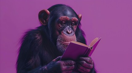 Surreal of a Thoughtful Monkey Reading a Book on a Vivid Purple Background