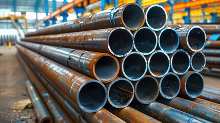 Stacked steel pipes in industrial warehouse with vibrant lighting.