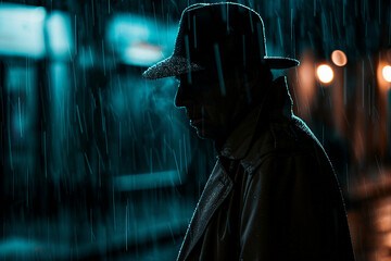 Generative AI image of man in trench coat and fedora standing at night rainy city - obrazy, fototapety, plakaty