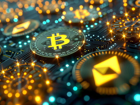 Bitcoin and Ethereum coins on a circuit board illuminated with orange and blue lights, symbolizing cryptocurrency and blockchain technology. Generative AI