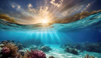Raamstickers Sea or ocean underwater background. Generative AI. © hanifa