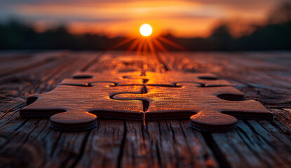 A puzzle on a wooden surface with the last piece missing, against a vibrant sunset background, concept of completion. Generative AI - Powered by Adobe