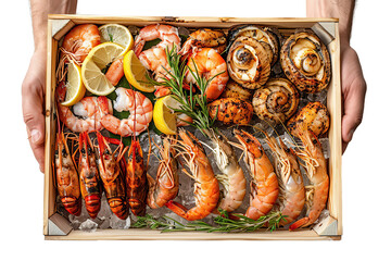 seafood in a box in your hands on a transparent background - obrazy, fototapety, plakaty