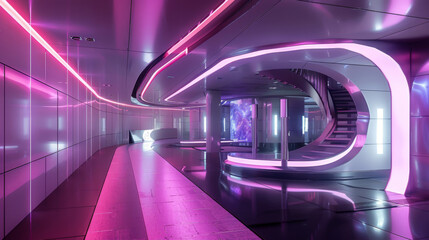 Futuristic interior room with high technology and luxury style, cyber living room with neon light and reflection. - obrazy, fototapety, plakaty
