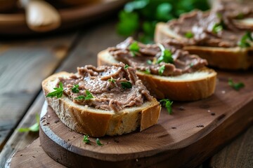 Liver pate on white bread on wooden background close up no people - obrazy, fototapety, plakaty
