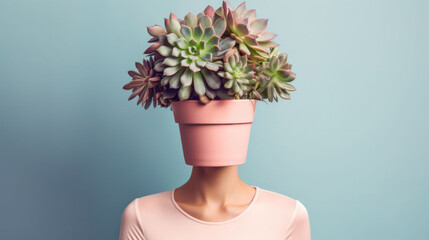 Abstract, art and head of woman with plant for mental health, depression and floral pot in studio. Contemporary, person and succulent on face for sustainability, growth and creative development