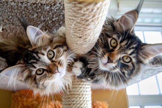 Low angle view of two Maine Coon cats on scratching post