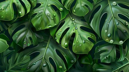 Vibrant Monstera Leaf and Water Droplets Wallpaper for a Nature-inspired Look