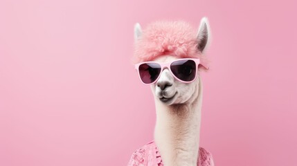 Alpaca in glam fashionable couture high end outfits isolated on bright background advertisement, birthday party invite invitation banner 