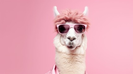 Alpaca in glam fashionable couture high end outfits isolated on bright background advertisement, birthday party invite invitation banner 