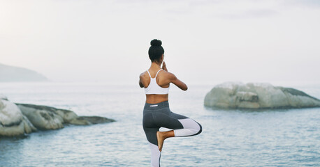 Beach, yoga or woman with balance, leg or body flexibility for peace or mindfulness in outdoor...