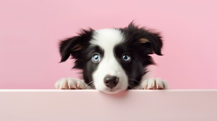 Border Collie dog puppy peeking over pastel bright background. advertisement, banner, card....