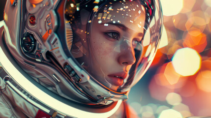 A close up of a person in a space suit, digital art. digital art, girl in space, epic concept art....