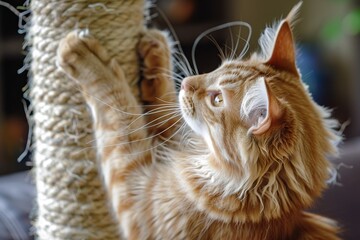 Maine Coon cat scratching post - obrazy, fototapety, plakaty