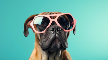 Bullmastiff dog puppy in sunglass shade glasses isolated on solid pastel background, advertisement, surreal surrealism