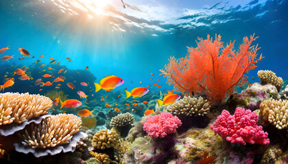 Naklejka na ściany i meble Underwater Coral Reef background. Generative AI.