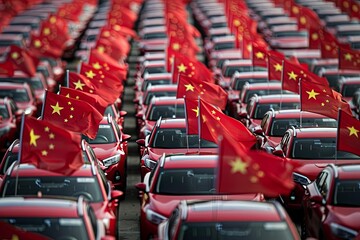 Numerous rows of bright red cars with Chinese flags attached, showcasing Chinas significant presence in the automotive industry. Generative AI