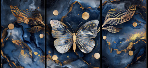 panel wall art, marble background with feather and flower and butterfly silhouette , wall decoration