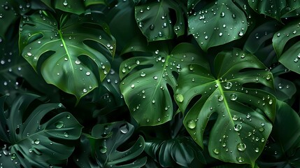 Captivating Monstera Leaf and Water Droplets Wallpaper with Dark Green Background